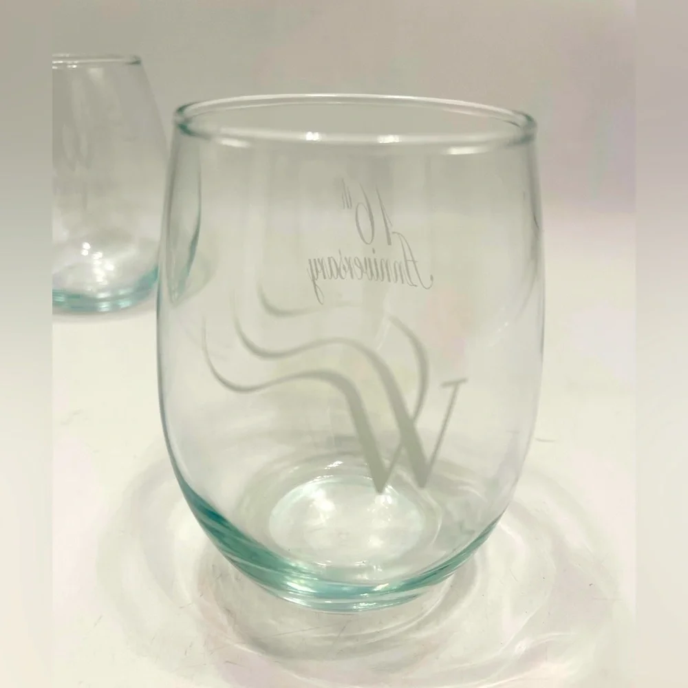 Set of 2 Stemless Wine Glasses 16th Anniversary Monogrammed W